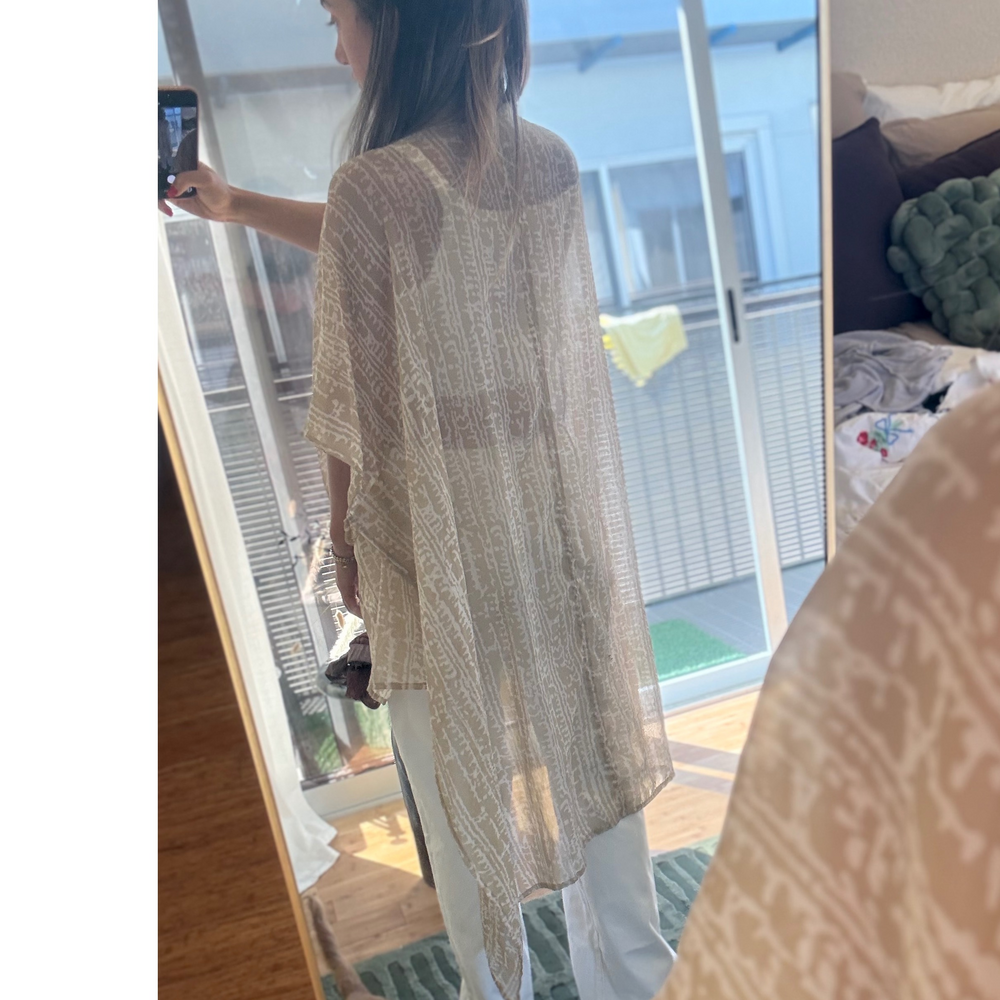 Boutique Sheer Beige Boho Kimono Beach Cover Up | Lightweight Open Front Duster - Picture 3 of 3